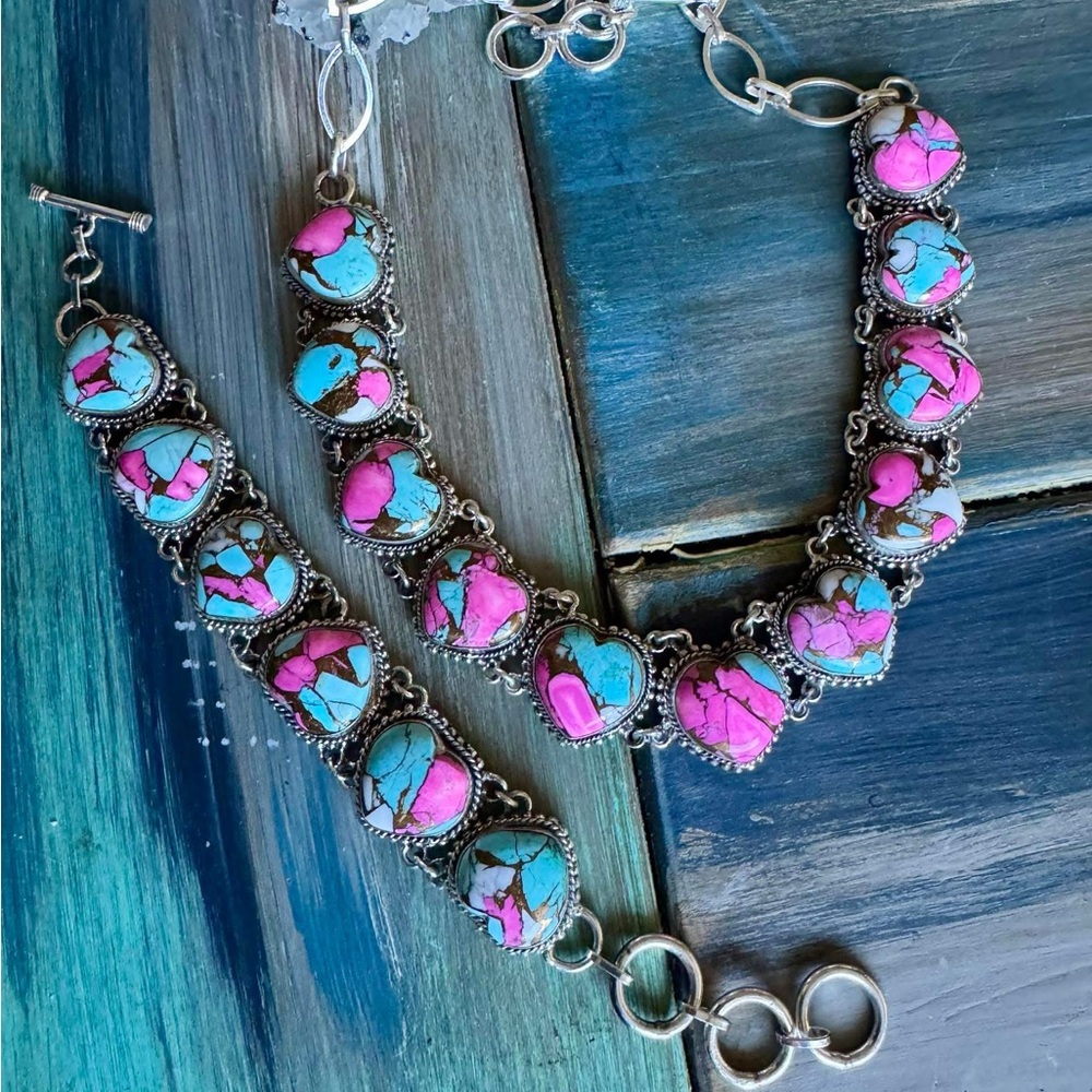 Pink and Blue Stone Spiny  Oyster Bracelet and Necklace